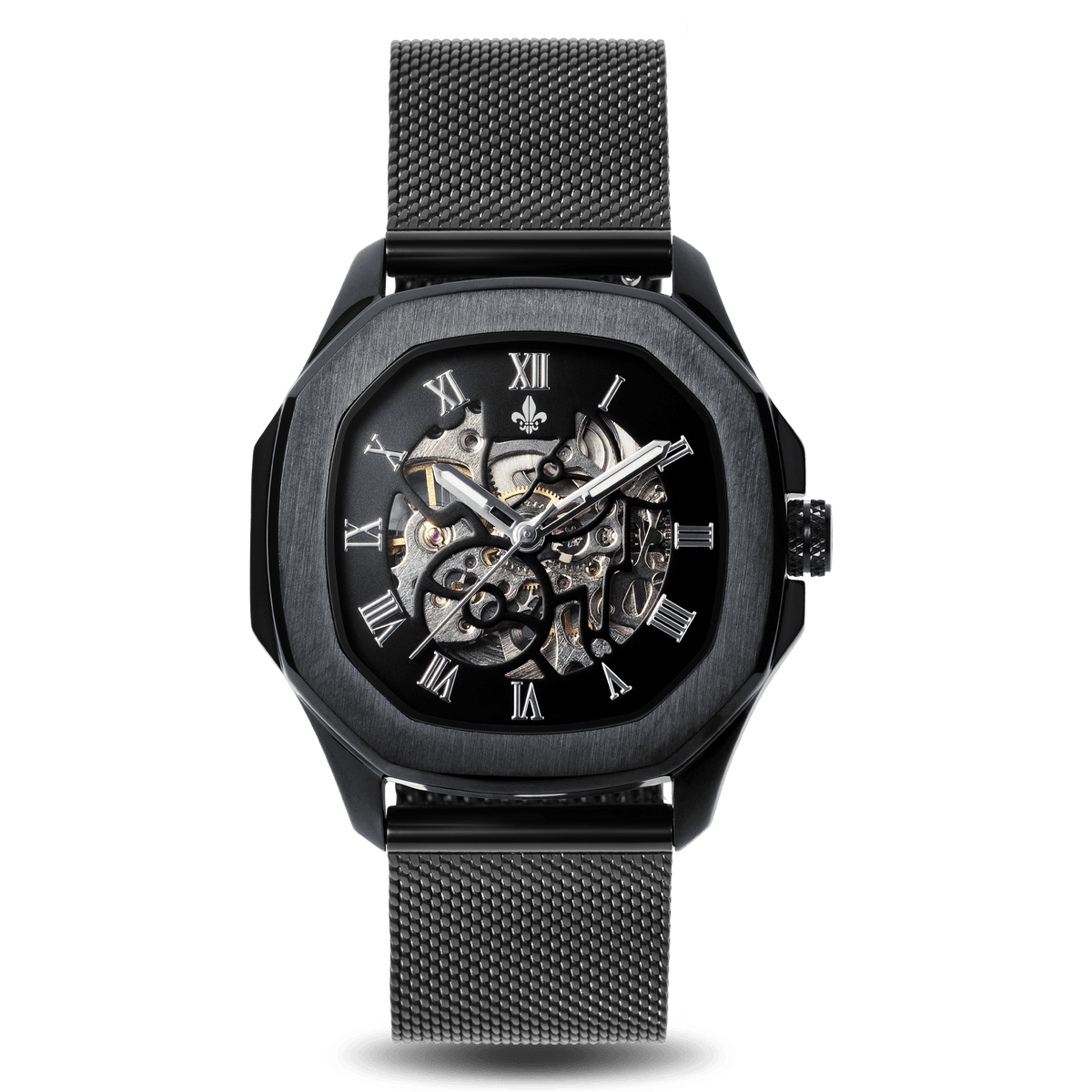 The Avalon Black + Black Mesh Strap, Ralph Christian automatic skeleton watch