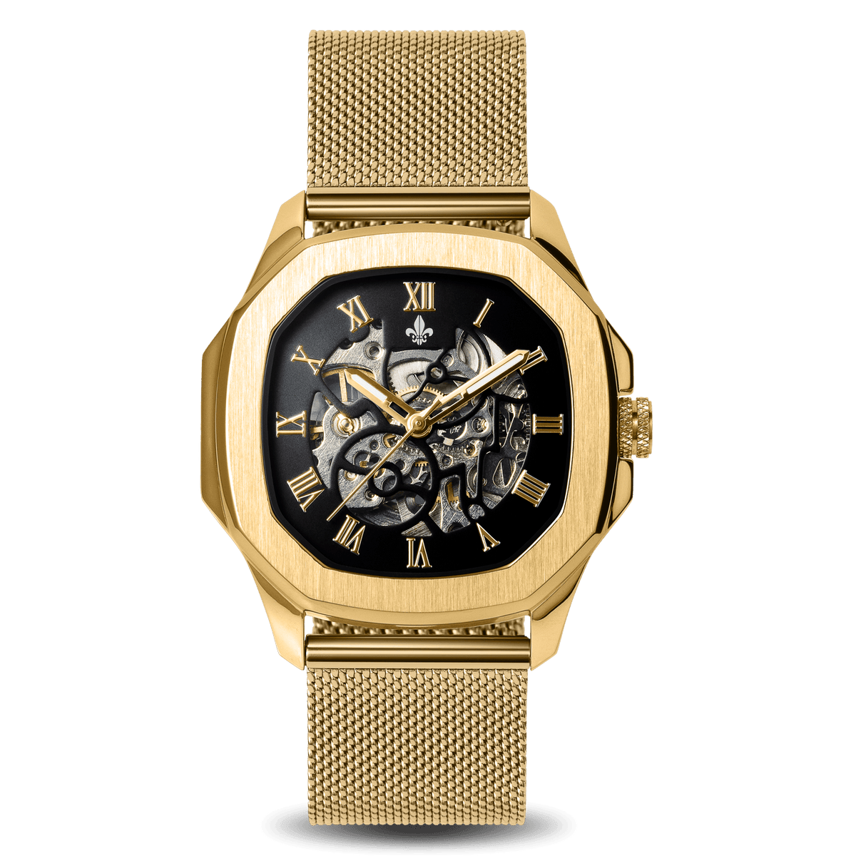 The Avalon Gold + Gold Mesh Strap, Ralph Christian automatic skeleton watch