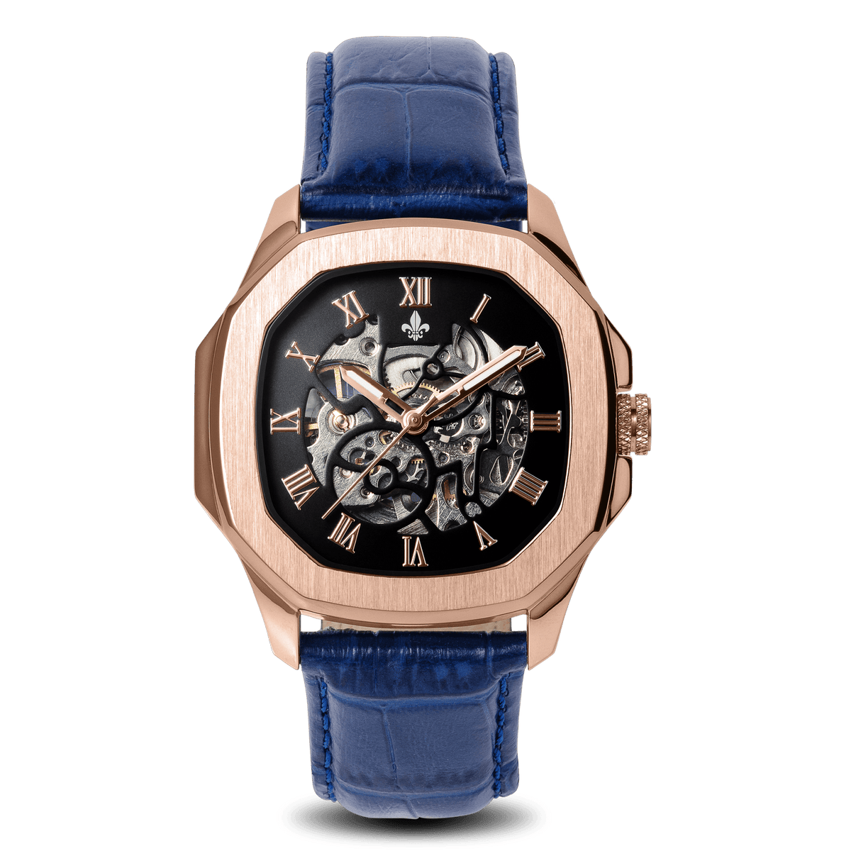 The Avalon Rose Gold + Blue Leather Croc Pattern Strap, Ralph Christian automatic skeleton watch