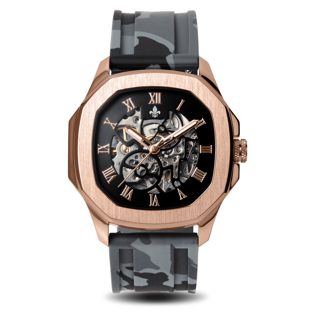 The Avalon Rose Gold + Grey Camo Strap, Ralph Christian automatic skeleton watch