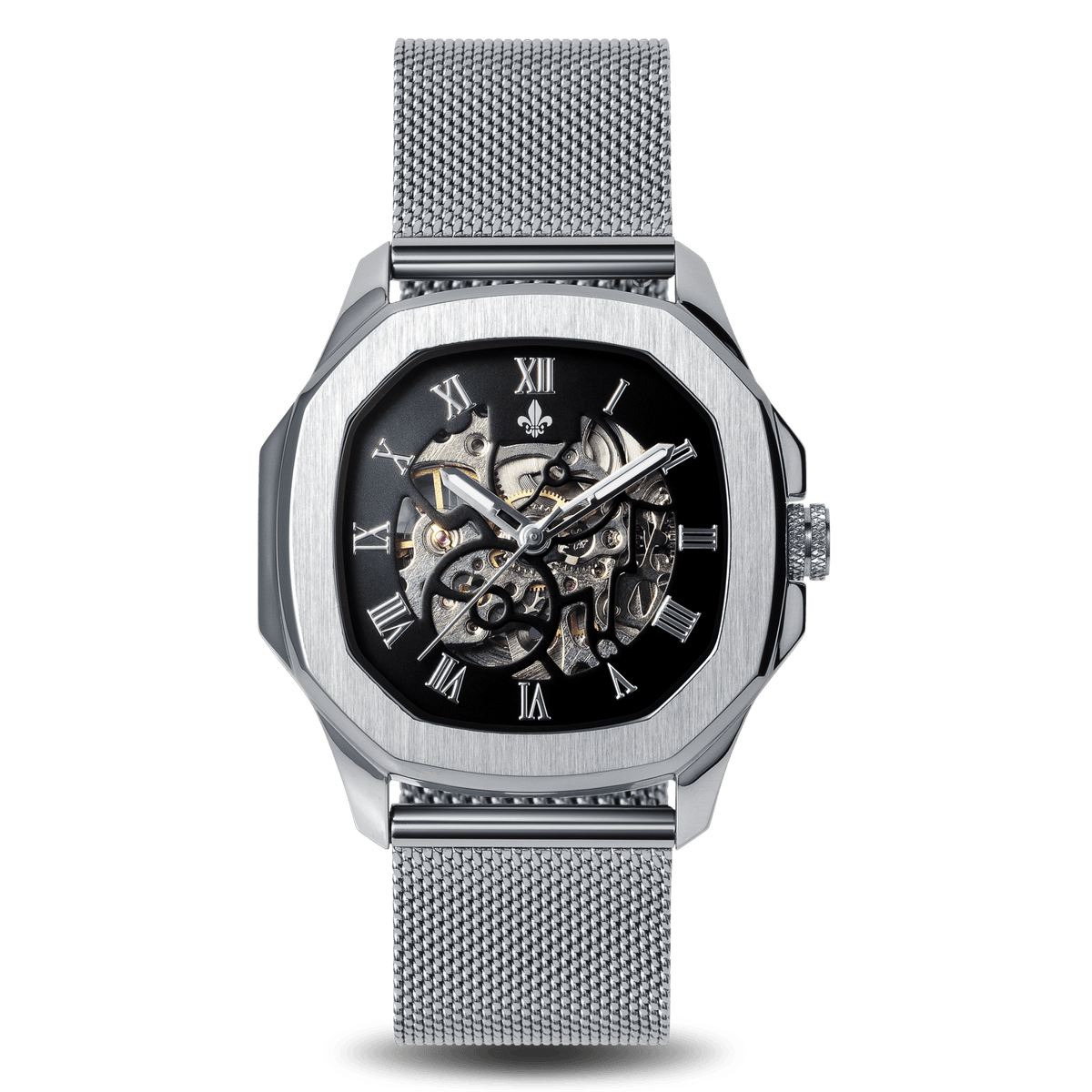 The Avalon Silver + Silver Mesh Strap, Ralph Christian automatic skeleton watch
