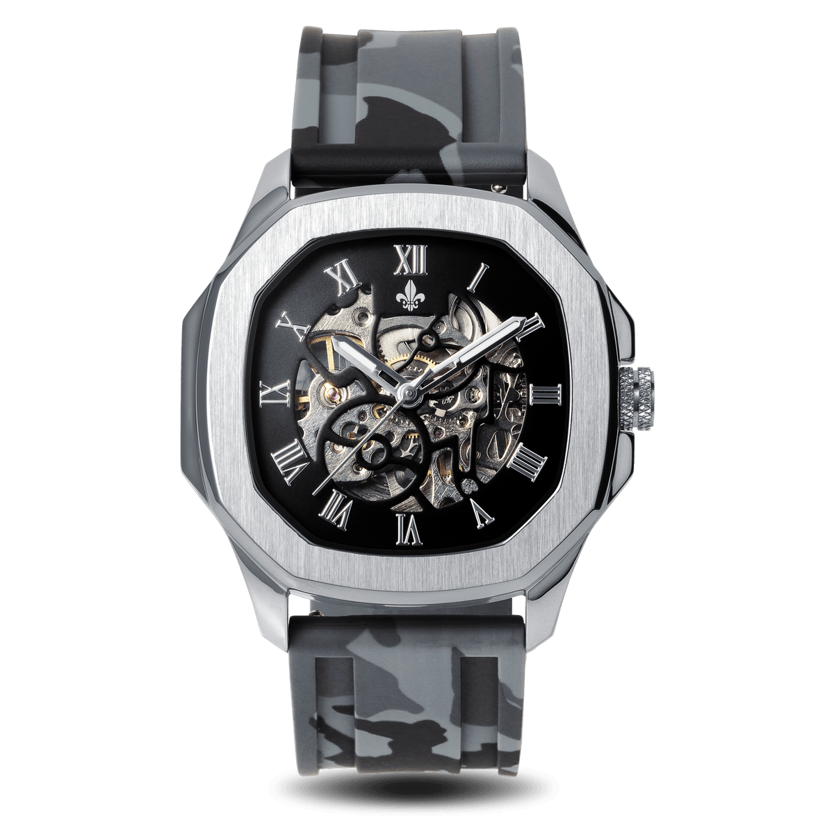 The Avalon Silver + Grey Camo Strap, Ralph Christian automatic skeleton watch