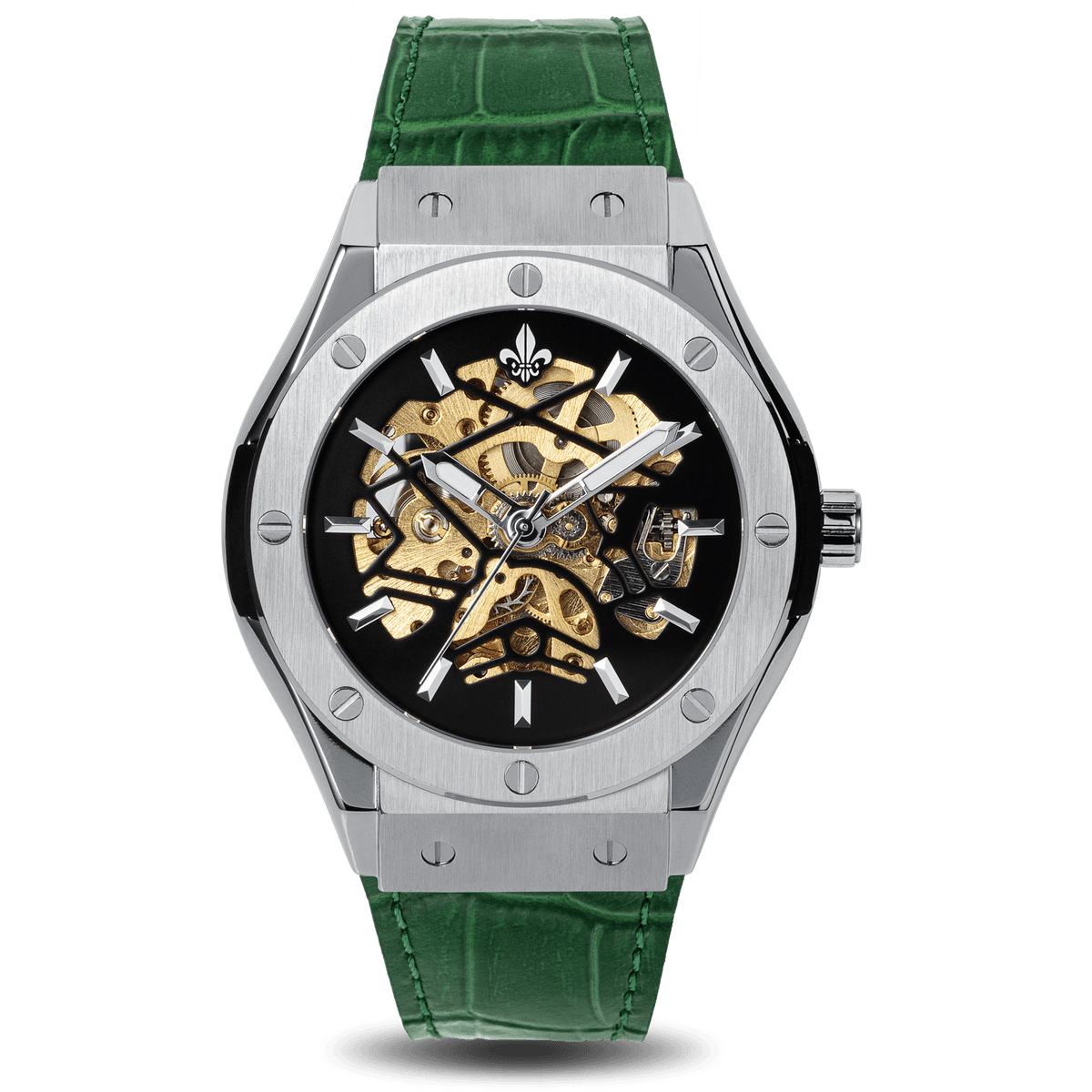 Prague Skeleton Automatic Deluxe - Silver + Green Leather Strap, Ralph Christian watch