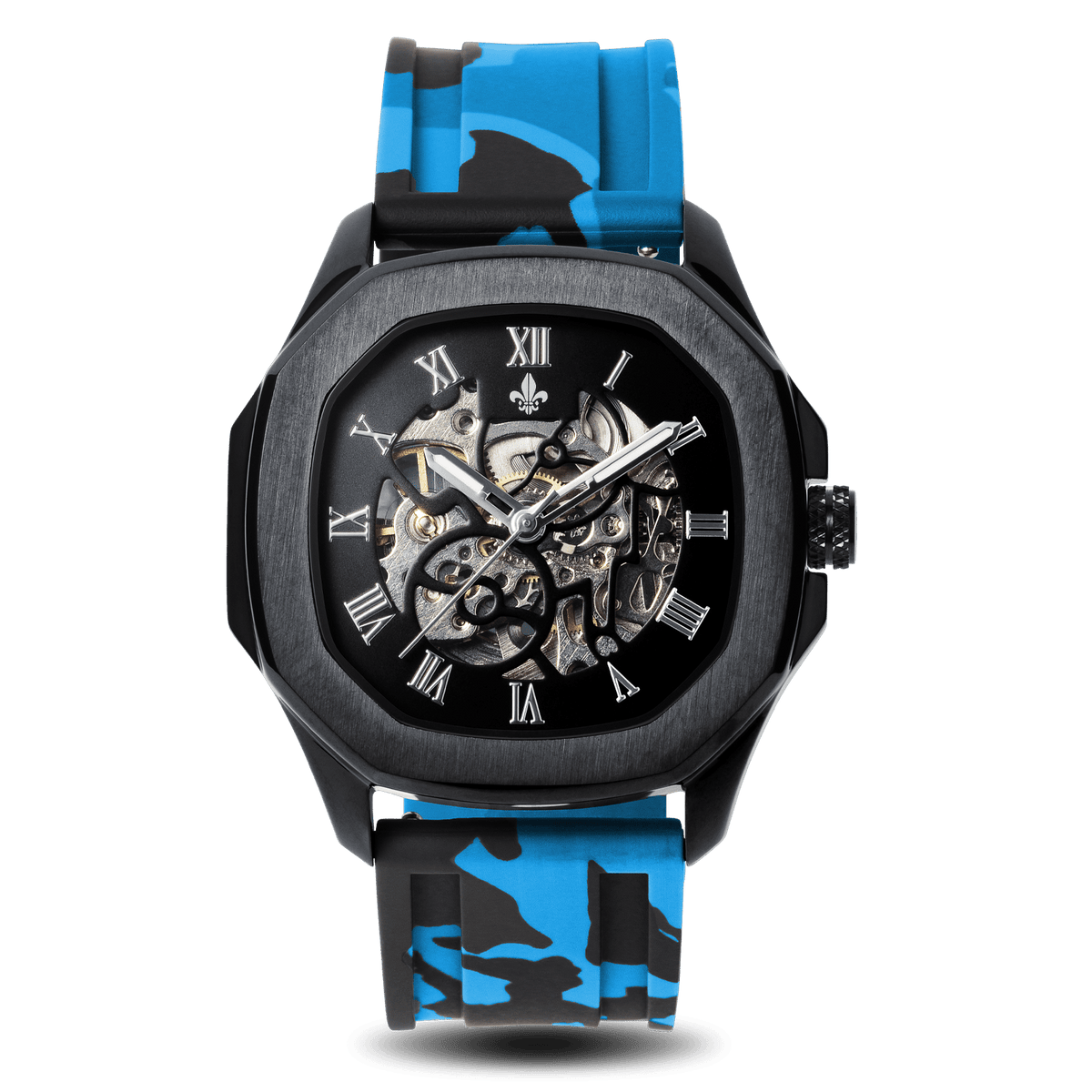 The Avalon Black + Blue Camo Strap, Ralph Christian automatic skeleton watch