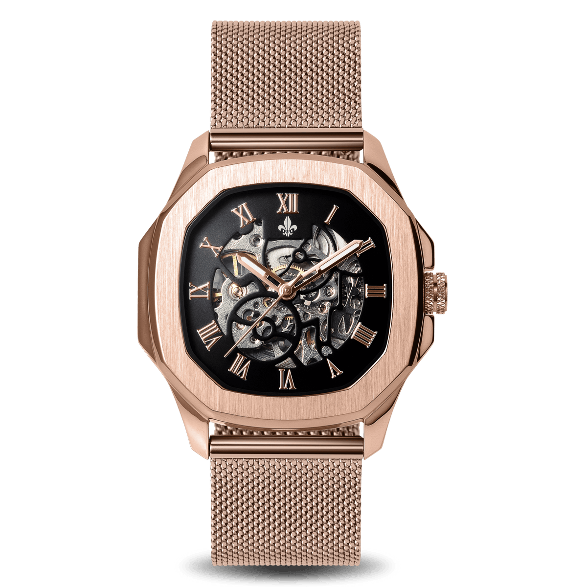 The Avalon Rose Gold + Rose Gold Mesh Strap, Ralph Christian automatic skeleton watch