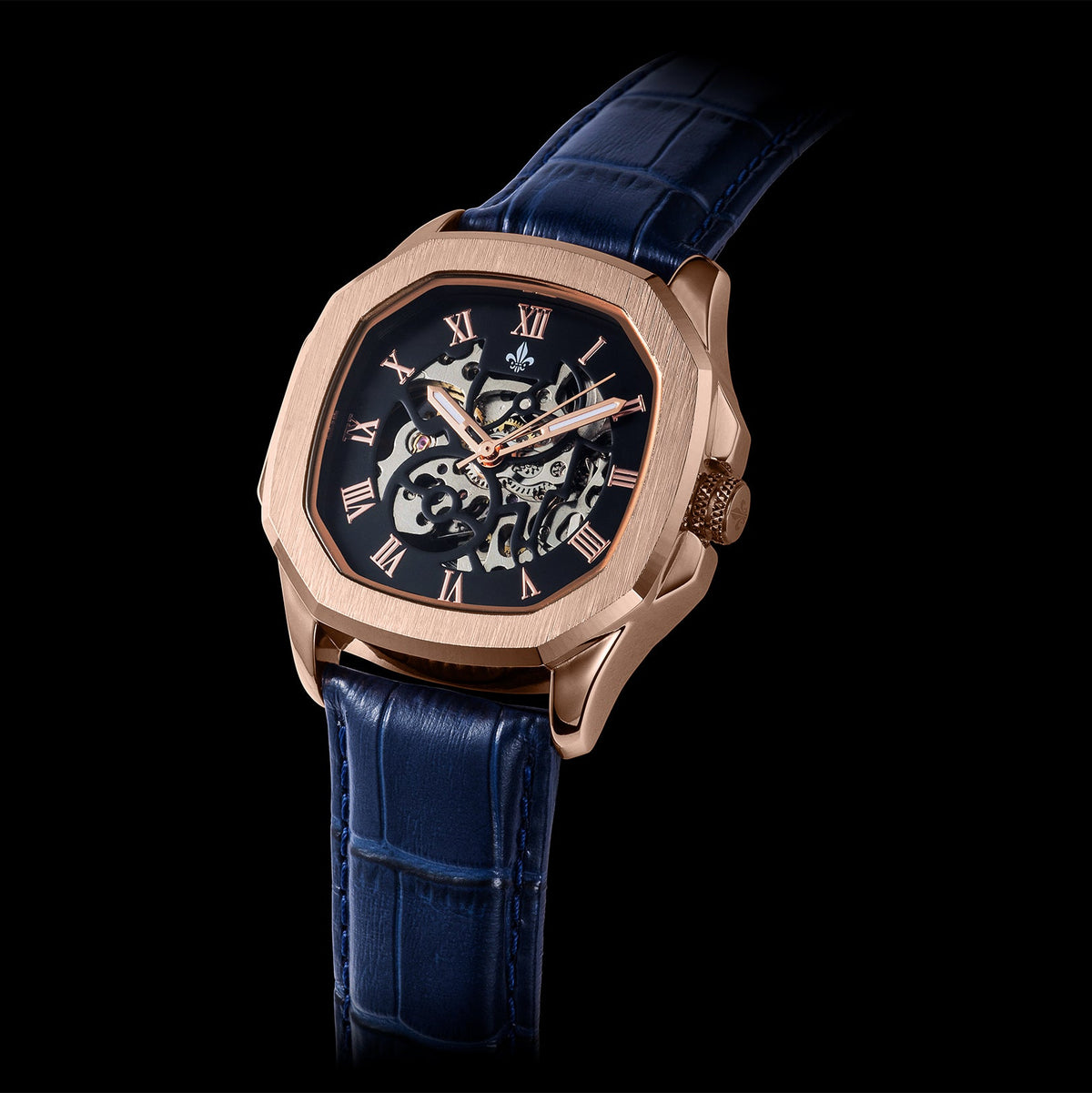 Blue Croc Pattern Leather Strap With Rose Gold Buckle